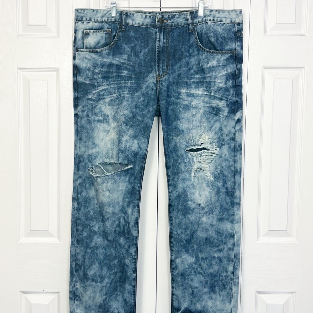 Denim House Bleached Acid Wash Blue Denim Distressed Straight Jeans 42x32